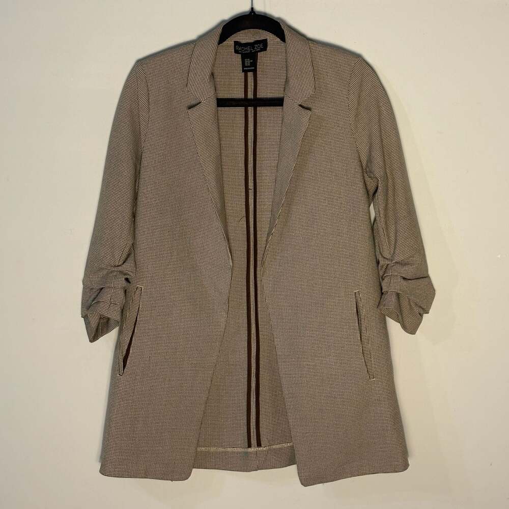 Rachel Zoe Tan Houndstooth Open-Front Blazer with Ruched Sleeves 008-0008